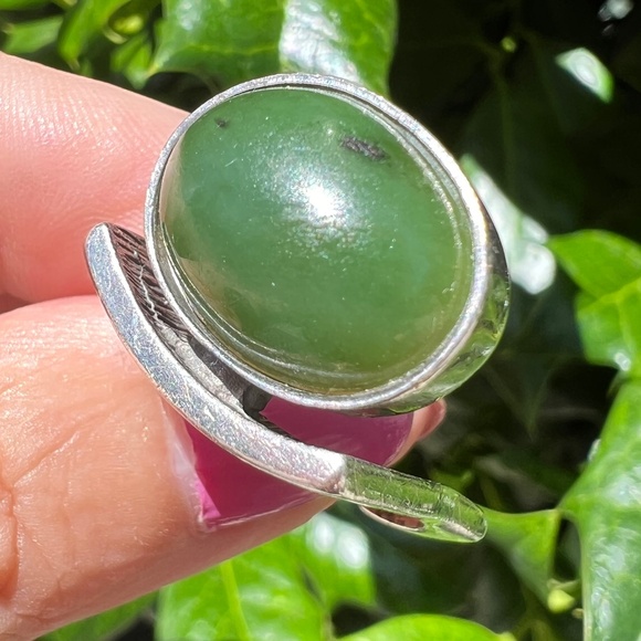 VINTAGE MODERNIST DESIGN JADE NEPHRITE CABOCHON RING 925 STERLING SILVER UNIQUE - Picture 2 of 16